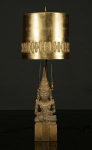 Fig. 2. Lamp, designed by Mont, c.1940. Gilded ceramic, wood, paper, and carved plaster with gold-leaf finish, and shade of heavy paper, gold leaf, and applied ring of carved plaster; height 46, diameter 17 inches. Collection of Todd Merrill.