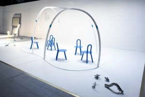 Studio Juju of Singapore, the third of the Designers of the Future Award winners, explored the idea of conversation by creating a metal-framed virtual tent, which defined a conversation space (filled with chairs of their own design), while not constricting it.