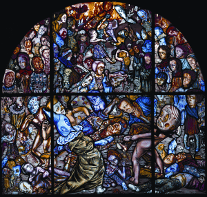 (above left) Detail of Battle of Carnival and Lent by Judith Schaechter, 2012. Stained glass, 55 by 56 inches overall. Courtesy of the artist and Claire Oliver Gallery, New York.