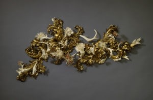 Jennifer Trask, “Burgeon,” USA, 2012, Found 18th & 19th century Italian gilt wood fragments, 22K & 23.5 K gold leaf, antler, bone, teeth (various), epoxy resin.