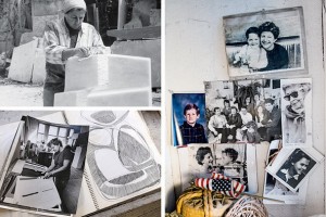 Clockwise from top left: Eshel working on a large-scale sculpture in Carrara, Italy, in 1976; photographs of family and friends tacked above her dresser; a photo of Eshel from the ‘80s lies on one of the artist’s sketchbooks.