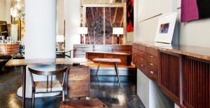 The suite of Nakashima furniture at Todd Merrill, including the console, at right, came from a single family who lived near Philadelphia and commissioned pieces from the woodworker from the 1950s through the 1970s; every item comes with the original invoice from the studio.