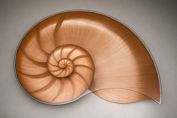 A view of the Nautilus table, from above, has a ‘shell’ carved from sycamore and is under a glass top.